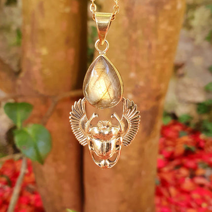 Golden Scarab Labradorite Necklace / Talisman / Third Eye / Hypoallergenic / Brass / Boho / Inca / Ethnic / Illuminati