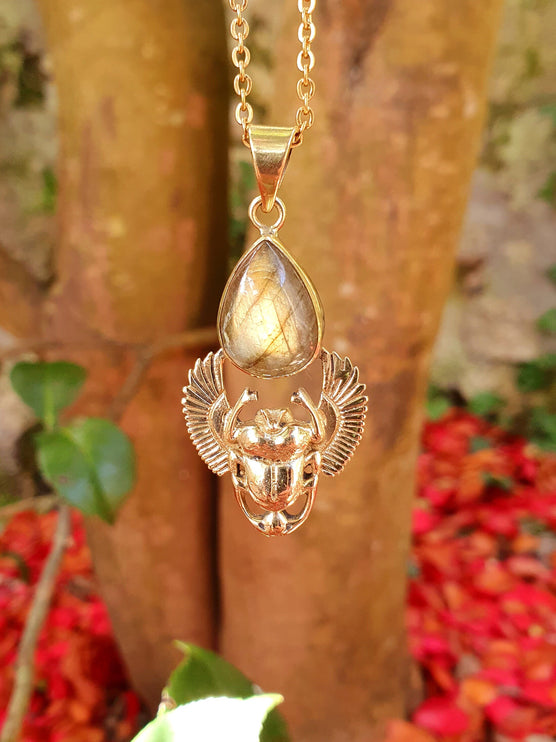 Golden Scarab Labradorite Necklace / Talisman / Third Eye / Hypoallergenic / Brass / Boho / Inca / Ethnic / Illuminati