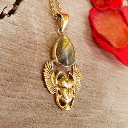 Golden Scarab Labradorite Necklace / Talisman / Third Eye / Hypoallergenic / Brass / Boho / Inca / Ethnic / Illuminati