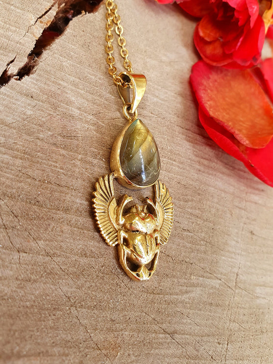 Golden Scarab Labradorite Necklace / Talisman / Third Eye / Hypoallergenic / Brass / Boho / Inca / Ethnic / Illuminati