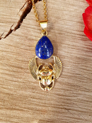 Golden Scarab Necklace / Lapis Lazuli / Talisman / Third Eye / Hypoallergenic / Brass / Boho / Inca / Ethnic / Illuminati