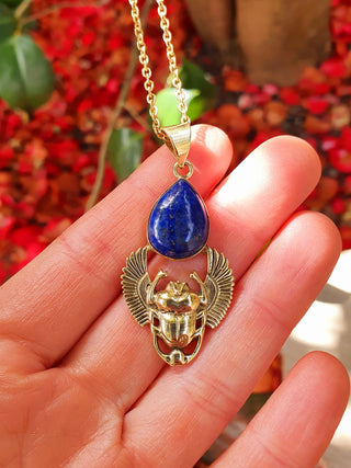 Golden Scarab Necklace / Lapis Lazuli / Talisman / Third Eye / Hypoallergenic / Brass / Boho / Inca / Ethnic / Illuminati