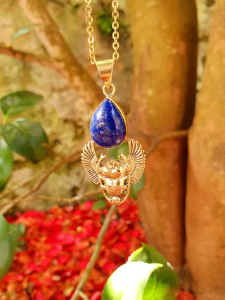 Golden Scarab Necklace / Lapis Lazuli / Talisman / Third Eye / Hypoallergenic / Brass / Boho / Inca / Ethnic / Illuminati