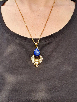 Golden Scarab Necklace / Lapis Lazuli / Talisman / Third Eye / Hypoallergenic / Brass / Boho / Inca / Ethnic / Illuminati