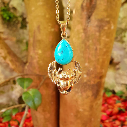 Golden Scarab Necklace / Turquoise / Talisman / Third Eye / Hypoallergenic / Brass / Boho / Inca / Ethnic / Illuminati