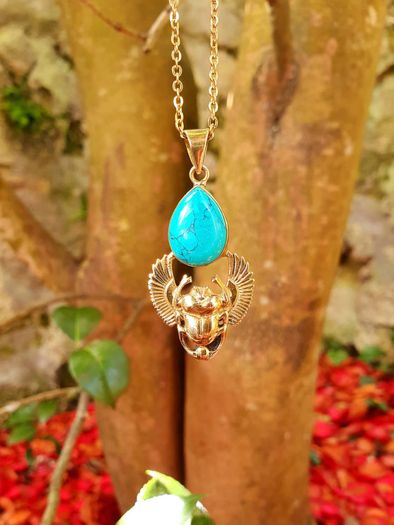 Golden Scarab Necklace / Turquoise / Talisman / Third Eye / Hypoallergenic / Brass / Boho / Inca / Ethnic / Illuminati