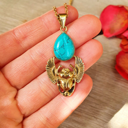 Golden Scarab Necklace / Turquoise / Talisman / Third Eye / Hypoallergenic / Brass / Boho / Inca / Ethnic / Illuminati