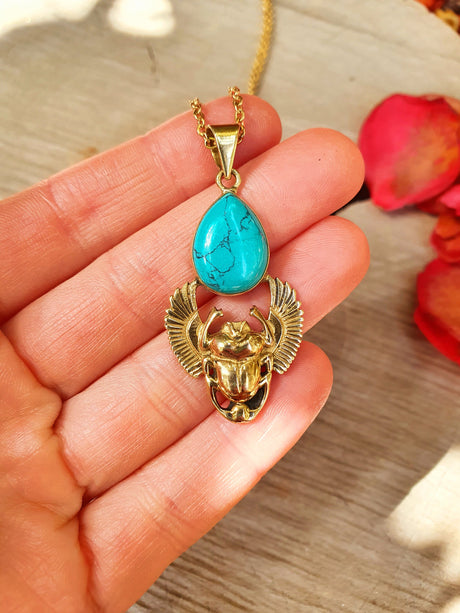 Golden Scarab Necklace / Turquoise / Talisman / Third Eye / Hypoallergenic / Brass / Boho / Inca / Ethnic / Illuminati