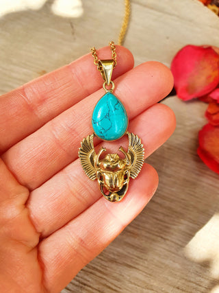 Golden Scarab Necklace / Turquoise / Talisman / Third Eye / Hypoallergenic / Brass / Boho / Inca / Ethnic / Illuminati