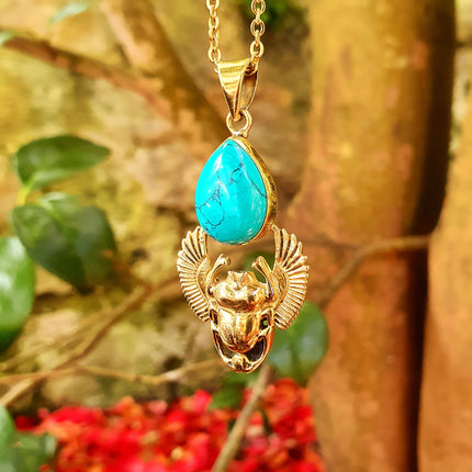 Golden Scarab Necklace / Turquoise / Talisman / Third Eye / Hypoallergenic / Brass / Boho / Inca / Ethnic / Illuminati