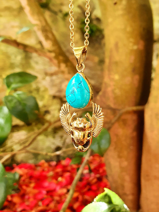 Golden Scarab Necklace / Turquoise / Talisman / Third Eye / Hypoallergenic / Brass / Boho / Inca / Ethnic / Illuminati