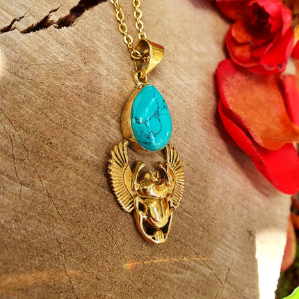 Golden Scarab Necklace / Turquoise / Talisman / Third Eye / Hypoallergenic / Brass / Boho / Inca / Ethnic / Illuminati