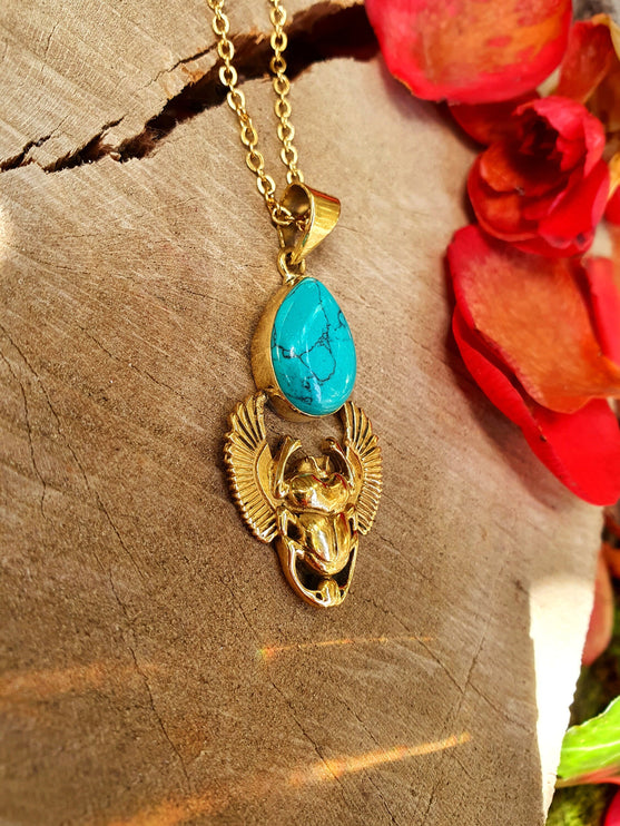 Golden Scarab Necklace / Turquoise / Talisman / Third Eye / Hypoallergenic / Brass / Boho / Inca / Ethnic / Illuminati