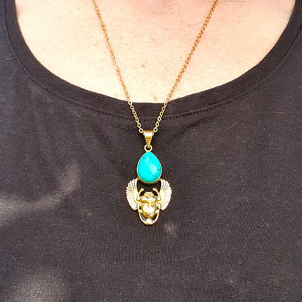 Golden Scarab Necklace / Turquoise / Talisman / Third Eye / Hypoallergenic / Brass / Boho / Inca / Ethnic / Illuminati