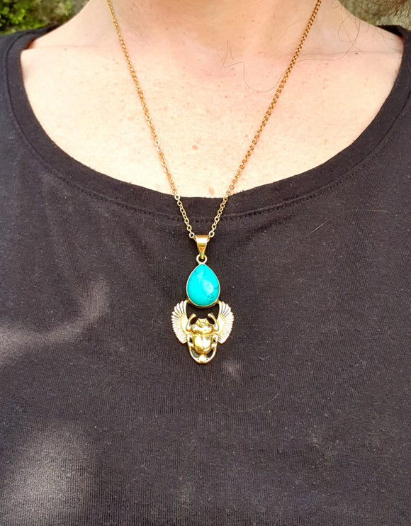 Golden Scarab Necklace / Turquoise / Talisman / Third Eye / Hypoallergenic / Brass / Boho / Inca / Ethnic / Illuminati