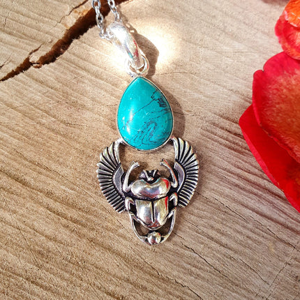 Silver Scarab Necklace / Turquoise / Talisman / Third Eye / Hypoallergenic / Boho / Inca / Ethnic / Illuminati