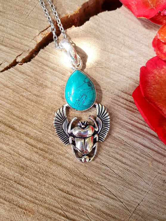 Silver Scarab Necklace / Turquoise / Talisman / Third Eye / Hypoallergenic / Boho / Inca / Ethnic / Illuminati