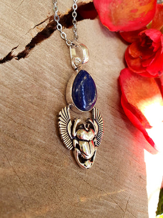 Silver Scarab Necklace / Lapis Lazuli / Talisman / Third Eye / Hypoallergenic / Boho / Inca / Ethnic / Illuminati