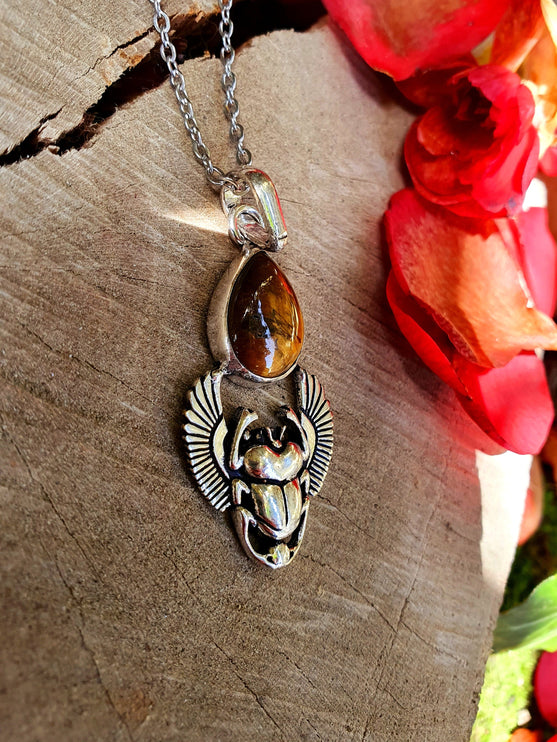 Tiger Eye Silver Necklace Scarab / Talisman / Third Eye / Hypoallergenic / Boho / Inca / Ethnic / Illuminati