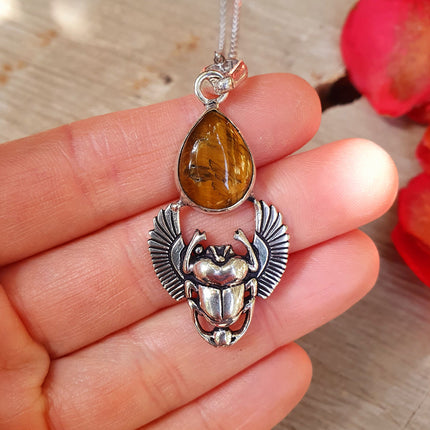 Tiger Eye Silver Necklace Scarab / Talisman / Third Eye / Hypoallergenic / Boho / Inca / Ethnic / Illuminati