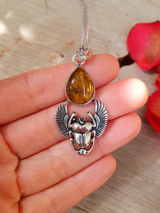 Tiger Eye Silver Necklace Scarab / Talisman / Third Eye / Hypoallergenic / Boho / Inca / Ethnic / Illuminati