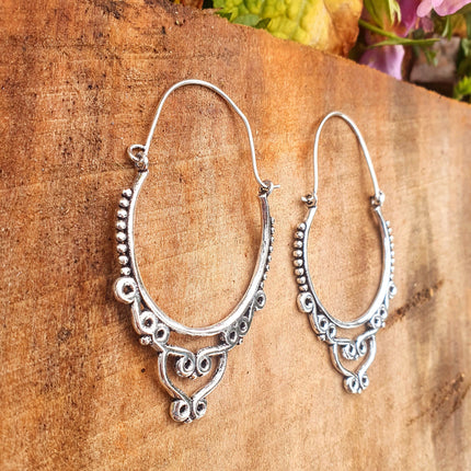 Large Ethnic Silver Hoop Earrings; Ethnic, Geometric, Rustic, Yoga, Hippie, Gypsy, Pretty, Psy, Boho, Bohemian, Festival