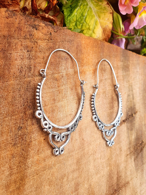 Large Ethnic Silver Hoop Earrings; Ethnic, Geometric, Rustic, Yoga, Hippie, Gypsy, Pretty, Psy, Boho, Bohemian, Festival