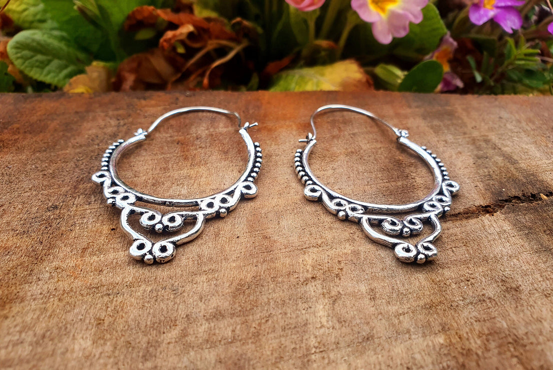 Large Ethnic Silver Hoop Earrings; Ethnic, Geometric, Rustic, Yoga, Hippie, Gypsy, Pretty, Psy, Boho, Bohemian, Festival