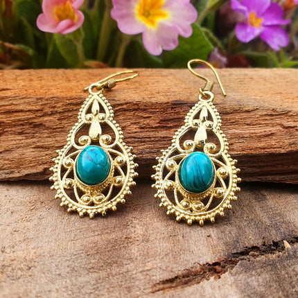 Ethnic Turquoise Brass Drop Dangle earrings / Birth Stone / Ethnic / rustic, yoga, hippie, gypsy, pretty, psy, boho, bohemian, festival