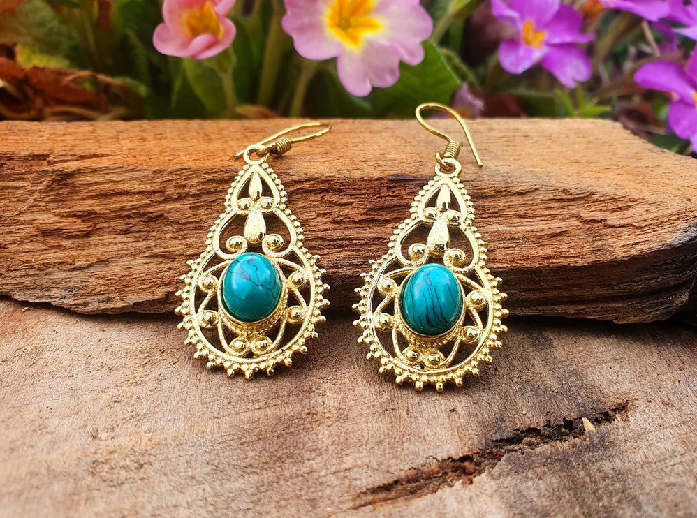 Ethnic Turquoise Brass Drop Dangle earrings / Birth Stone / Ethnic / rustic, yoga, hippie, gypsy, pretty, psy, boho, bohemian, festival