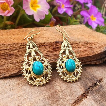 Ethnic Turquoise Brass Drop Dangle earrings / Birth Stone / Ethnic / rustic, yoga, hippie, gypsy, pretty, psy, boho, bohemian, festival