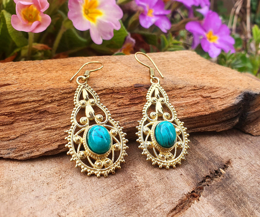 Ethnic Turquoise Brass Drop Dangle earrings / Birth Stone / Ethnic / rustic, yoga, hippie, gypsy, pretty, psy, boho, bohemian, festival