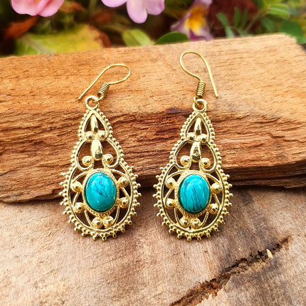 Ethnic Turquoise Brass Drop Dangle earrings / Birth Stone / Ethnic / rustic, yoga, hippie, gypsy, pretty, psy, boho, bohemian, festival