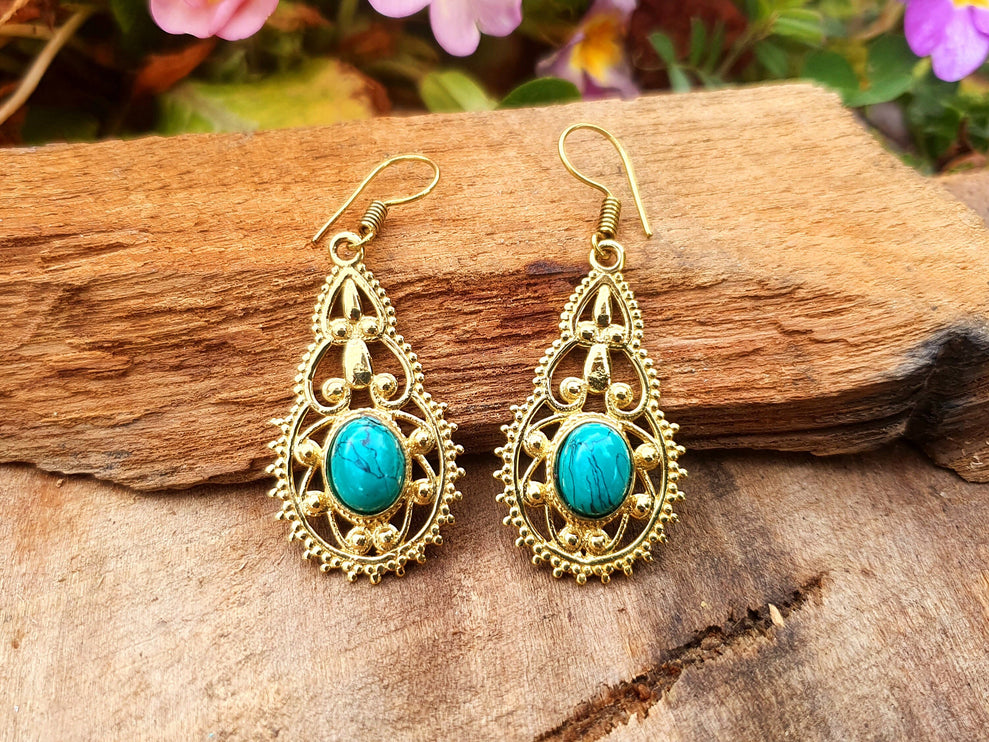 Ethnic Turquoise Brass Drop Dangle earrings / Birth Stone / Ethnic / rustic, yoga, hippie, gypsy, pretty, psy, boho, bohemian, festival