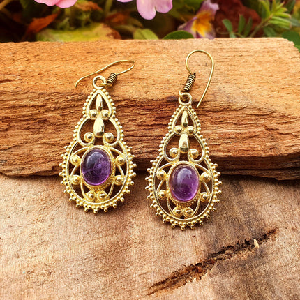 Amethyst Dangle pendant earrings Ethnic, rustic, yoga, hippie, gypsy, pretty, psy, boho, bohemian, festival