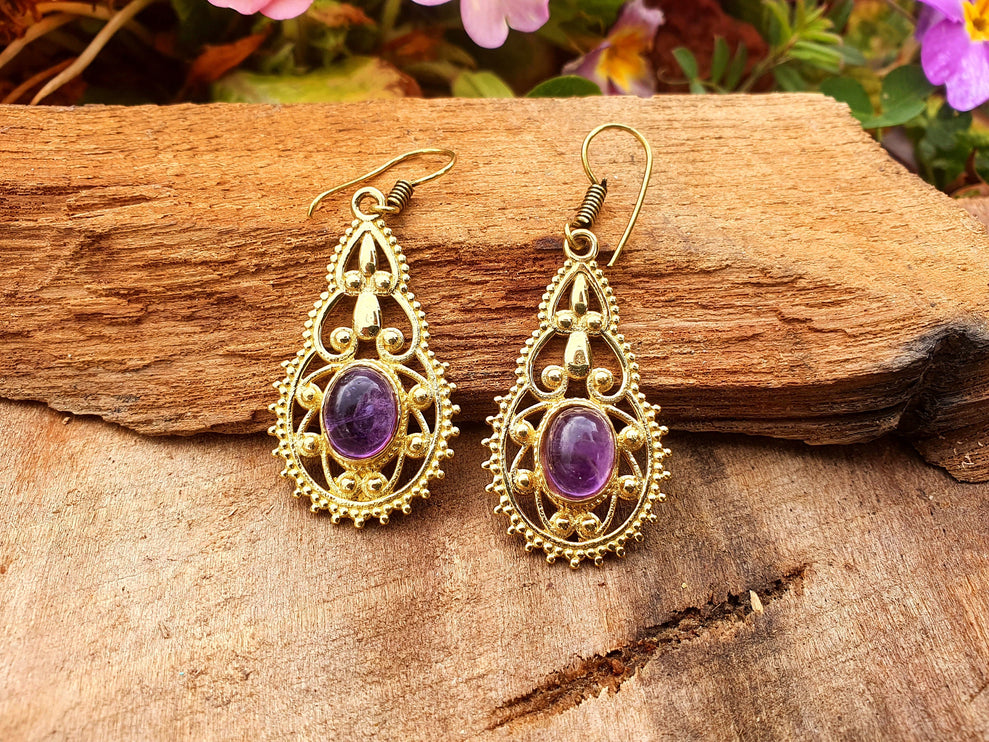 Amethyst Dangle pendant earrings Ethnic, rustic, yoga, hippie, gypsy, pretty, psy, boho, bohemian, festival