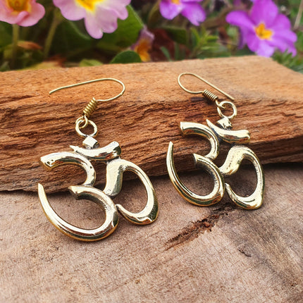 Ohm Yoga Om Boho Pendant Brass Earrings; Ethnic, Geometric, Small, Rustic, Yoga, Hippie, Gypsy, Pretty, Ssy, Boho, Bohemian, Festival