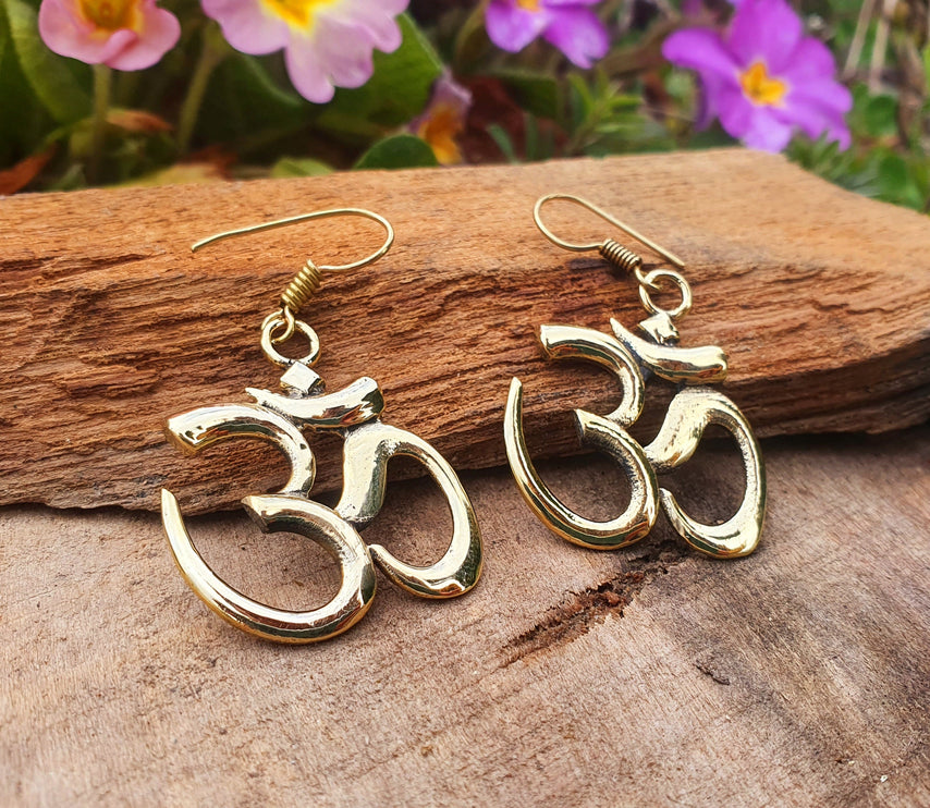 Ohm Yoga Om Boho Pendant Brass Earrings; Ethnic, Geometric, Small, Rustic, Yoga, Hippie, Gypsy, Pretty, Ssy, Boho, Bohemian, Festival