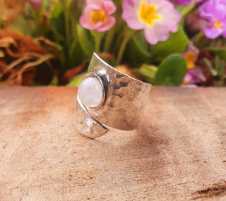 Hammered Silver Moonstone Ring, Adjustable Boho Ring for Women