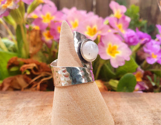 Hammered Silver Moonstone Ring, Adjustable Boho Ring for Women