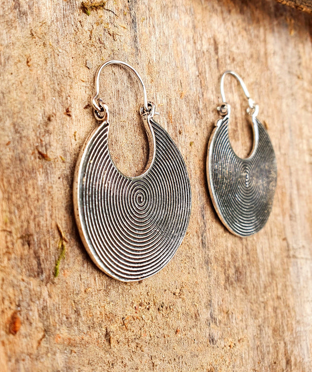 Geometric Silver Spiral Earrings; Boho Ethnic Rustic Indian Festival Psy Gypsy Spiral Hippie Tribal style