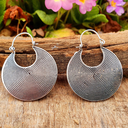 Geometric Silver Spiral Earrings; Boho Ethnic Rustic Indian Festival Psy Gypsy Spiral Hippie Tribal style