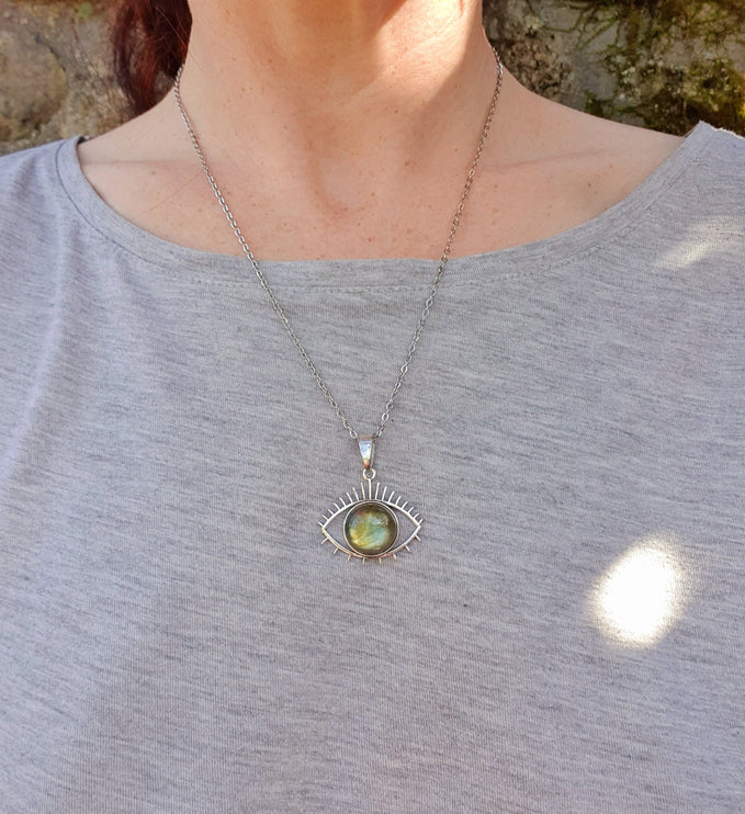 Silver Eye of Protection Necklace / Labradorite / Third Eye / Hypoallergenic / Brass / Boho / Inca / Ethnic / Hypoallergenic / Illuminati