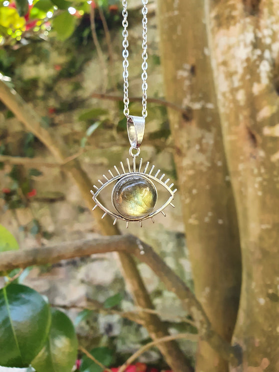 Silver Eye of Protection Necklace / Labradorite / Third Eye / Hypoallergenic / Brass / Boho / Inca / Ethnic / Hypoallergenic / Illuminati