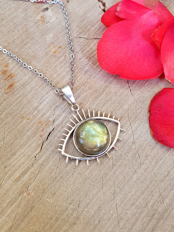 Silver Eye of Protection Necklace / Labradorite / Third Eye / Hypoallergenic / Brass / Boho / Inca / Ethnic / Hypoallergenic / Illuminati