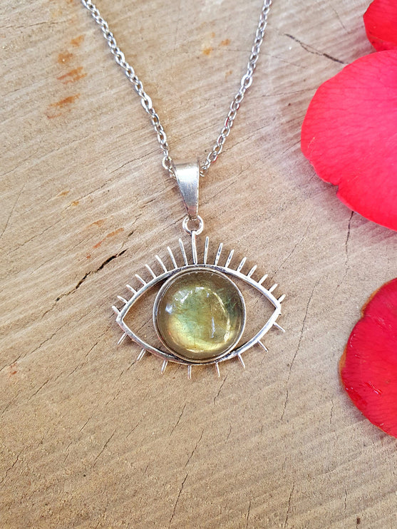 Silver Eye of Protection Necklace / Labradorite / Third Eye / Hypoallergenic / Brass / Boho / Inca / Ethnic / Hypoallergenic / Illuminati