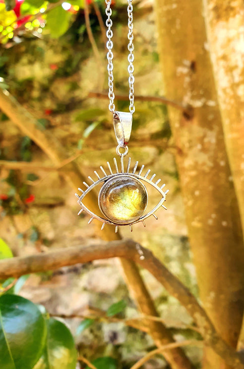 Silver Eye of Protection Necklace / Labradorite / Third Eye / Hypoallergenic / Brass / Boho / Inca / Ethnic / Hypoallergenic / Illuminati