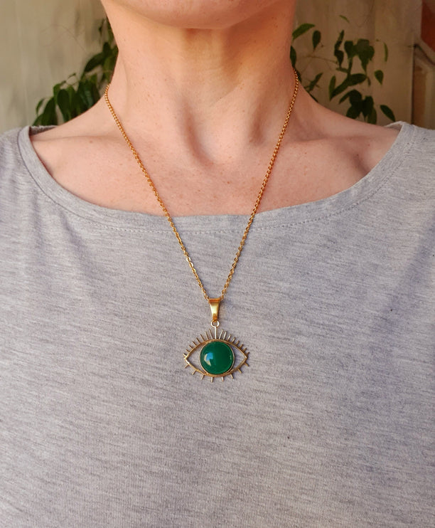 Golden Evil Eye Necklace / Green Onyx / Stainless Steel Chain / Stone / Ethnic / Hypoallergenic / Third Eye / Illuminati