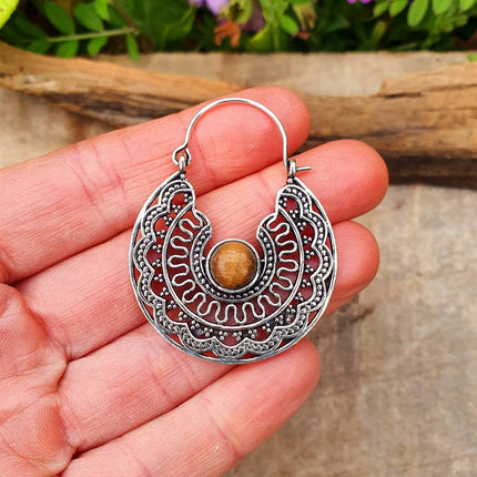 Tiger Eye & Silver Hoop Earrings Ethnic, rustic, yoga, hippie, gypsy, pretty, psy, boho, bohemian, festival