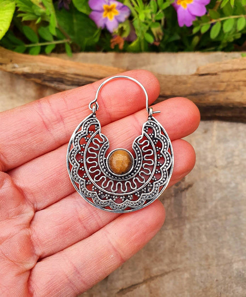 Tiger Eye & Silver Hoop Earrings Ethnic, rustic, yoga, hippie, gypsy, pretty, psy, boho, bohemian, festival